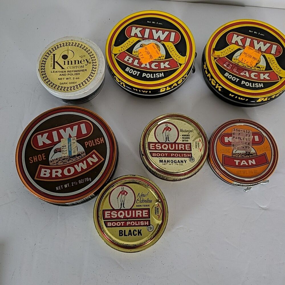 Kinney Shoes, Kiwi, Esquire Boot & Shoe Polish Vintage Tins Black, Brown, Grey